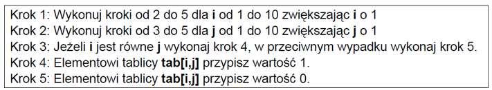 wartość 0 wszystkim elementom macierzy. wartość 1 wszystkim elementom macierzy. wartość 0 elementom na przekątnej macierzy. wartość 1 elementom na przekątnej macierzy. 104.