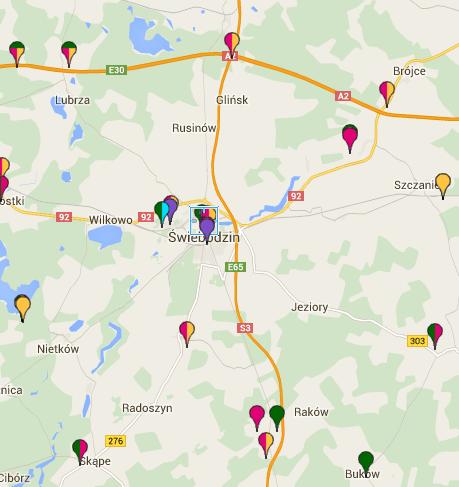 Rysunek 4 Lokalizacja stacji bazowych telefonii komórkowej na terenie gminy Świebodzin (źródło: http://beta.btsearch.