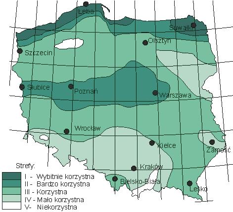 Rysunek 7 Strefy energii wiatru w Polsce wg H.