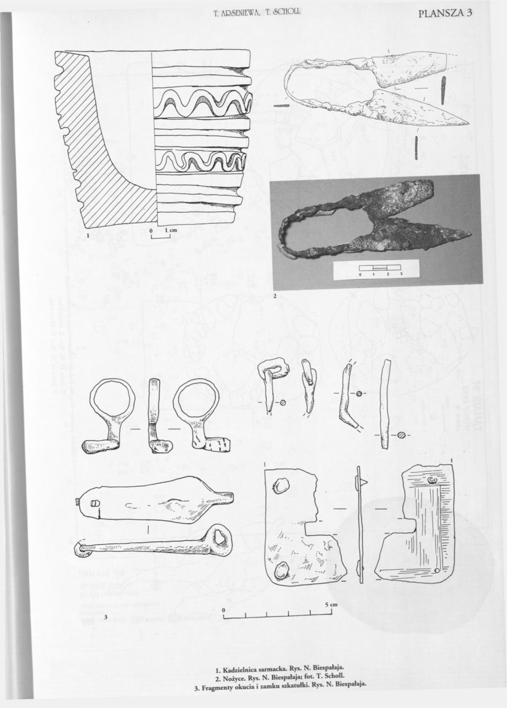 T.AD&ENHm T.ÄCHOLL PLANSZA 3 X. Kadzielnica sarmacka. Rys. N. Biespałaja. 2. Nożyce. Rys. N. Biespałaja; fot.