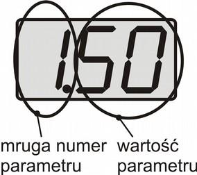 a) Parametry podstawowe Wciśnięcie klawisza menu parametrów. powoduje wejście do Wyświetlony zostanie pierwszy parametr (numer parametru zawsze mruga). Klawiszami można zmienić wartość tego parametru.