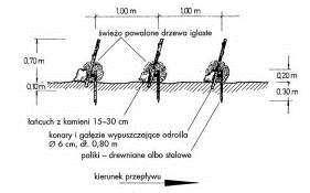 103 Ożywiona ostroga szkieletowa Tama składa się z dwóch rzędów palików drewnianych, pomiędzy które wciśnięty jest chrust iglasty lub liściasty.