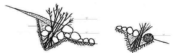 Jeżeli brzeg jest pozbawiony szaty roślinnej, należy wbić zrzezy wierzbowe lub posadzić ukorzenione sadzonki drzew i krzewów odpowiednich dla siedliska, korzenie przerosną i dodatkowo umocnią