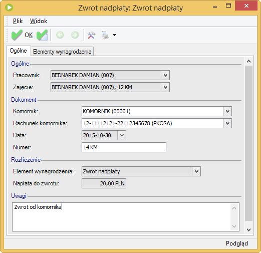 Uwagi - operator ma możliwość odnotowania uwag. Zwrot nadpłaty Uznania nadpłaty - w celu rozliczenia uznania nadpłaty zajęcia komorniczego na kolejne zajęcie komornicze pracownika.