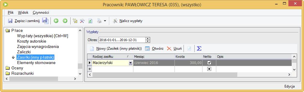 Płace/Zasiłki (inny płatnik) Zakładka umożliwia uzupełnienie za dany miesiąc kwoty zasiłku macierzyńskiego, który pracownik pobiera u innego pracodawcy.