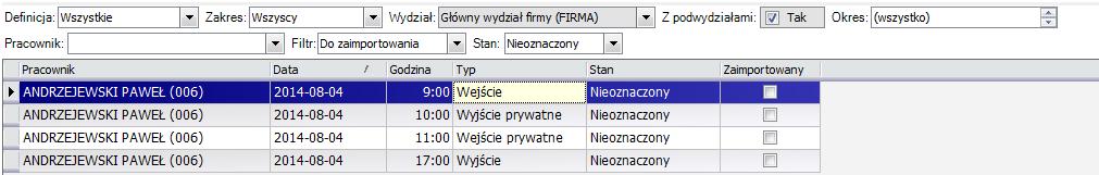 Kadry / Czas pracy / Dane z RCP W wersji platynowej programu dostępna jest lista zaczytanych danych z RCP.