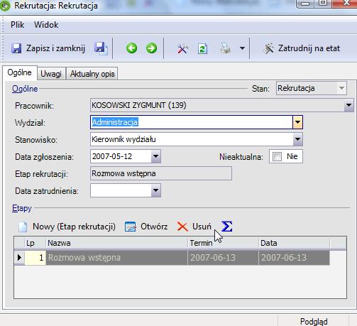 jakie prowadzona jest rekrutacja. Pracownik - Imię i nazwisko pracownika/kandydata Data zgłoszenia - Data zgłoszenia aplikacji na dane stanowisko.