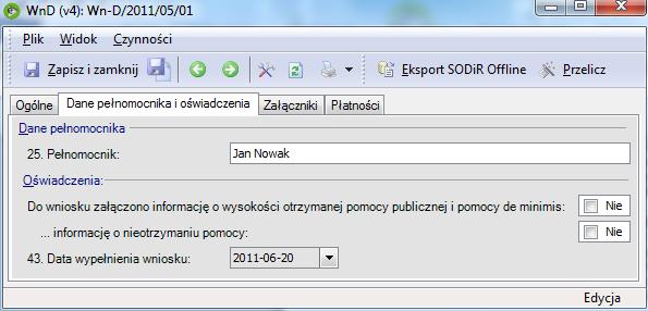Dane pełnomocnika i oświadczenia Pełnomocnik, pozycja zaczytywana z konfiguracji Narzędzia/Opcje/Kadry i płace/ Deklaracje/ PFRON - dane pełnomocnika.
