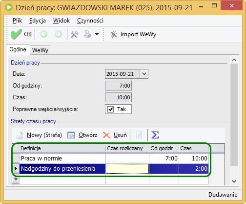 Wprowadzenie informacji o liczbie nadgodzin do przeniesienia Następnie wchodzimy do dnia, w którym oddajemy godziny wolne za nadgodziny Rozliczenie nadgodzin na strefie Praca w normie pomniejszamy