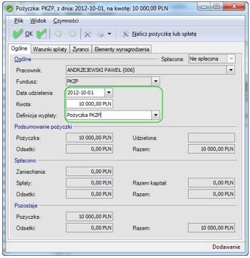Należy wskazać miesiąc od którego pracownikowi mają być potrącane raty, ilość rat, kwotę raty, rodzaj rat ( nieoprocentowane lub oprocentowane), itp.