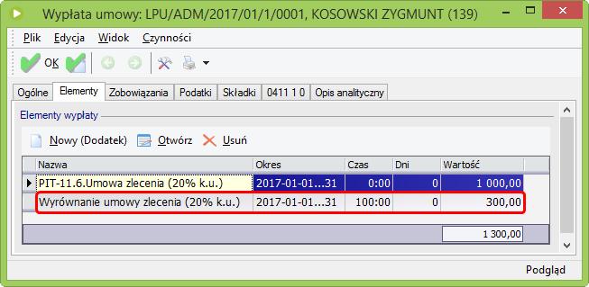 Zestawienie realizacji Kwota wyrównania została wyliczona: Kwota umowy zlecenia została podzielona przez liczbę godzin uzupełnioną w zestawieniu: 1000 / 100h = 10zł