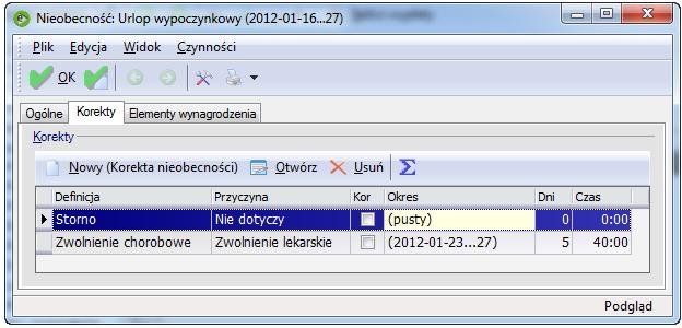 Po wprowadzeniu korekty nieobecności na zakładce Korekty powstaną dwa zapisy: Zakładka Korekty W kartotece pracownika na