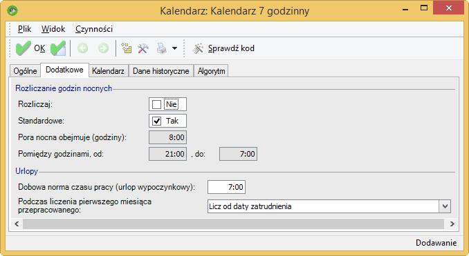 Na formularzu kalendarza na zakładce Dodatkowe w sekcji Urlopy należy uzupełnić pole: Dobowa norma czasu pracy - wskazać czas 7 godzin.