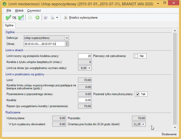 Limit za okres po uwzględnieniu etatu wyliczył się w następujący sposób: 20 dni * 4/5 etatu = 16 dni 16 dni * 7/12 = 9,333333 = 9 dni, ponieważ limit urlopu wypoczynkowego zaokrąglany w limicie