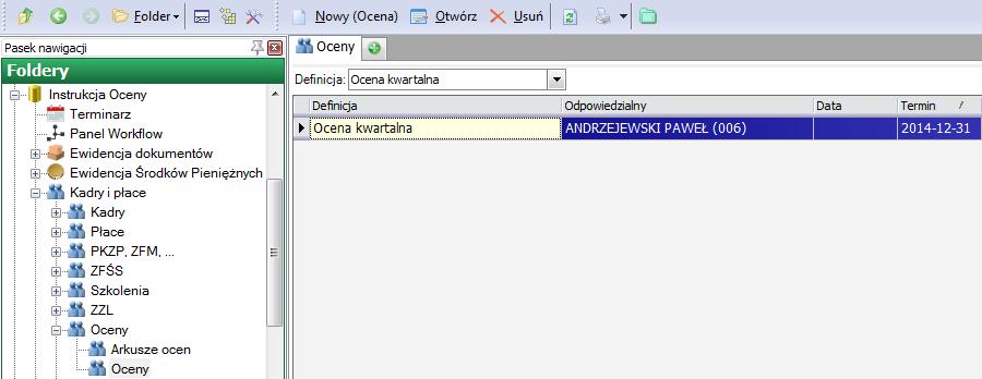 Oceny Lista ocen Na liście Kadry i płace/oceny/oceny jest dostępny filtr Definicja, umożliwiający filtrowanie listy ocen po wybranych definicjach, które zostały skonfigurowane w Narzędzia/Opcje/Kadry