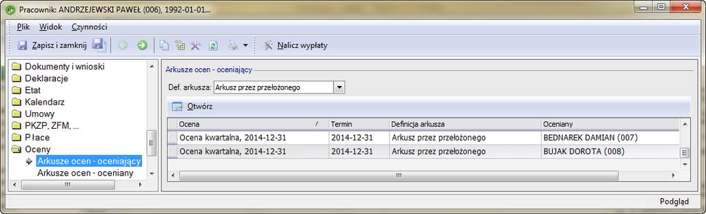 Oceny w kartotece pracownika W kartotece pracownika została dodana zakładka Oceny, w której są zakładki: Arkusze ocen - oceniający Na zakładce są wyświetlane arkusze ocen oceniającego, które