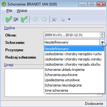 Kadry historyczne / Schorzenia Opcja dedykowana Zakładom Pracy Chronionej (ZPChr).