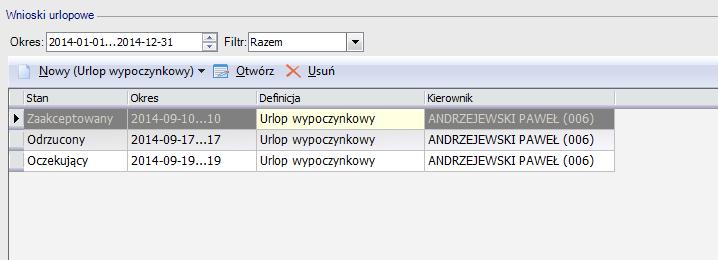 Dokumenty i wnioski / Wnioski o urlopy, delegacje Zakładka dedykowania jest dla Użytkowników, którzy mają wykupiony dostęp do dodatkowej aplikacji enova 365 Pulpit Kierownika, Pulpit Pracownika,