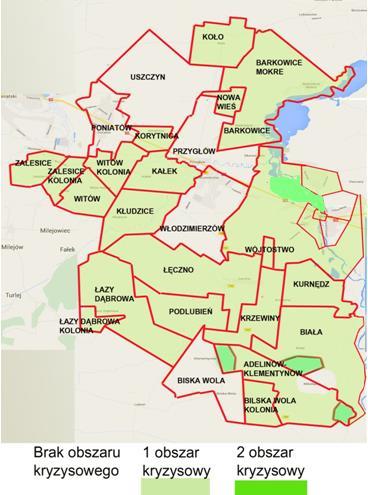 Rysunek 6. Rozkład przestrzenny obszarów kryzysowych w podsystemie gospodarczym (opracowanie własne UM w Sulejowie) 4.3.