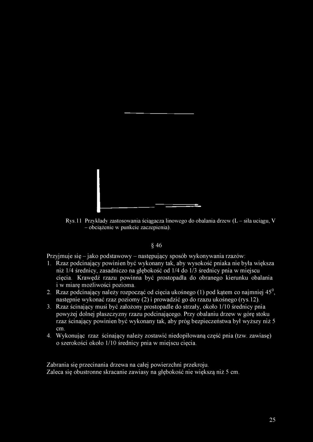 Rzaz podcinający powinien być wykonany tak, aby wysokość pniaka nie była większa niż 1/4 średnicy, zasadniczo na głębokość od 1/4 do 1/3 średnicy pnia w miejscu cięcia.