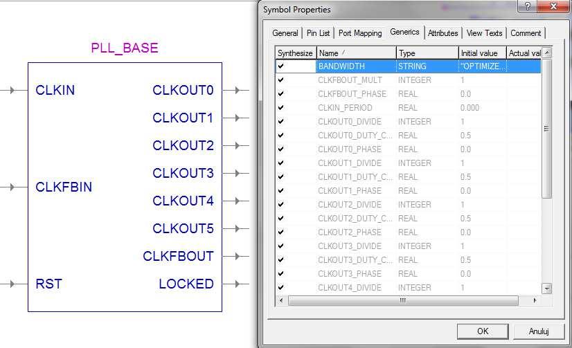 Moduł PLL_BASE z biblioteki Xilinx Spartan6 inicjalizacja w