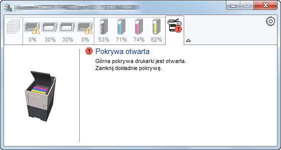 Drukowanie z komputera > Status Monitor Zakładka alarmów Jeśli wystąpi błąd, wyświetlone zostanie powiadomienie w postaci komunikatu tekstowego i obrazu 3D.