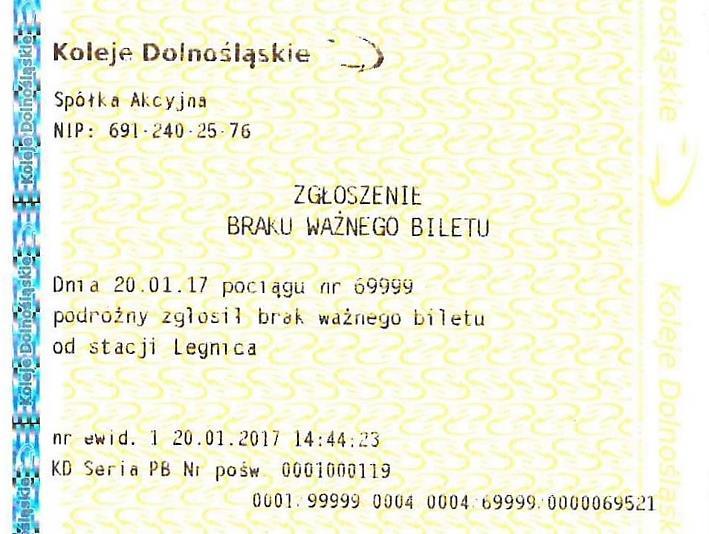 Wzór nr 11 Zgłoszenie braku ważnego biletu wydawane elektronicznie z terminala mobilnego Strona czołowa (dane