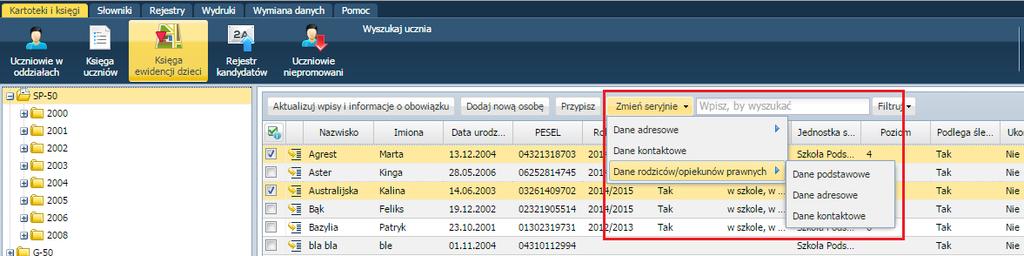 Ewidencja uczniów Grupowa zmiana danych Sekretarz ma możliwość grupowej zmiany danych adresowych, kontaktowych oraz danych opiekunów.