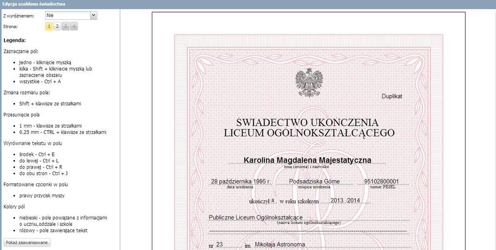 Sporządzanie wydruków Usuwanie szablonu świadectw Aby usunąć szablon świadectw należy: Na zakładce Szablon świadectw kliknąć przycisk Zmień. W oknie edycji szablonu kliknąć przycisk Usuń.