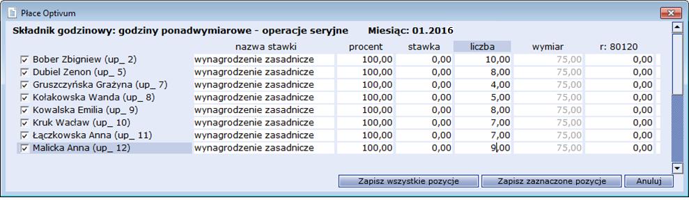 Przygotowanie list płac 39 Jeśli pracownicy mają wypłacane godziny ponadwymiarowe z różnych wymiarów, należy je wskazać w oknie Wybór wymiaru. 8.