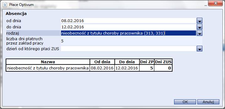 46 Materiały dla uczestnika szkolenia 3. W oknie z opisem nieobecności: - wybierz wskazania lekarskie, - ewentualnie wpisz pozostałe dane typu: kody i nr stat. choroby, - kliknij przycisk Dalej.