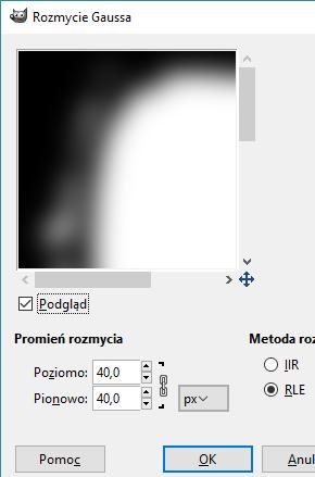 oknie Rozmycie Gaussa ustawiamy Promień rozmycia na 40 px Klikamy OK Rysunek 44.
