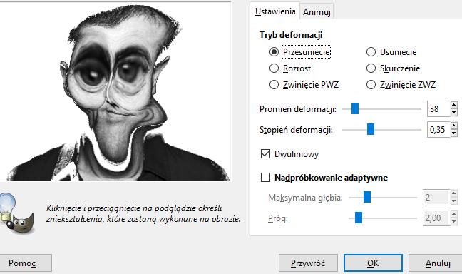 [32/74] GIMP W oknie Deformacja dokonujemy następujących ustawień: Tryb deformacji Rozrost Promień deformacji 38 Stopień deformacji 0,35 Powiększamy oko klikając na nie i lekko poruszając kursorem w