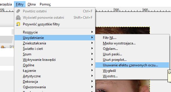 aby można było zaznaczyć dwoje oczu Przeciągamy wciśniętym lewym przyciskiem myszy tak aby zaznaczyć cały czerwony obszar, tak jak na rysunku Rysunek 111.