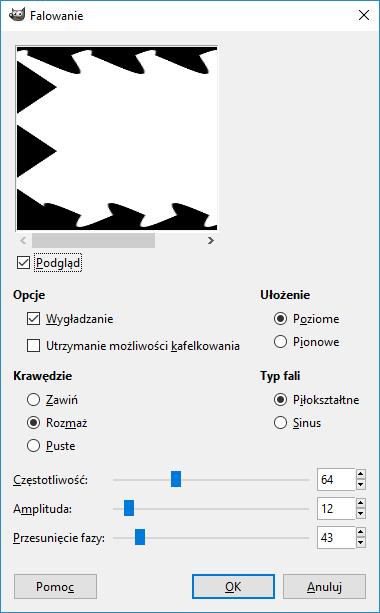 Falowanie Tym razem w oknie Falowanie dokonujemy innych ustawień Krawędzie: Rozmaż Ułożenie: Poziomo Typ