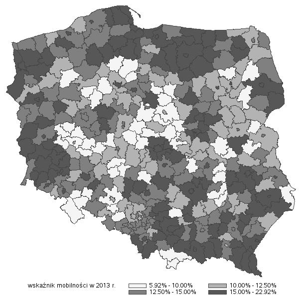 50 Rys. 3. Wskaźniki mobilności w 2013 r. w podziale na powiaty Źródło: Opracowanie własne.