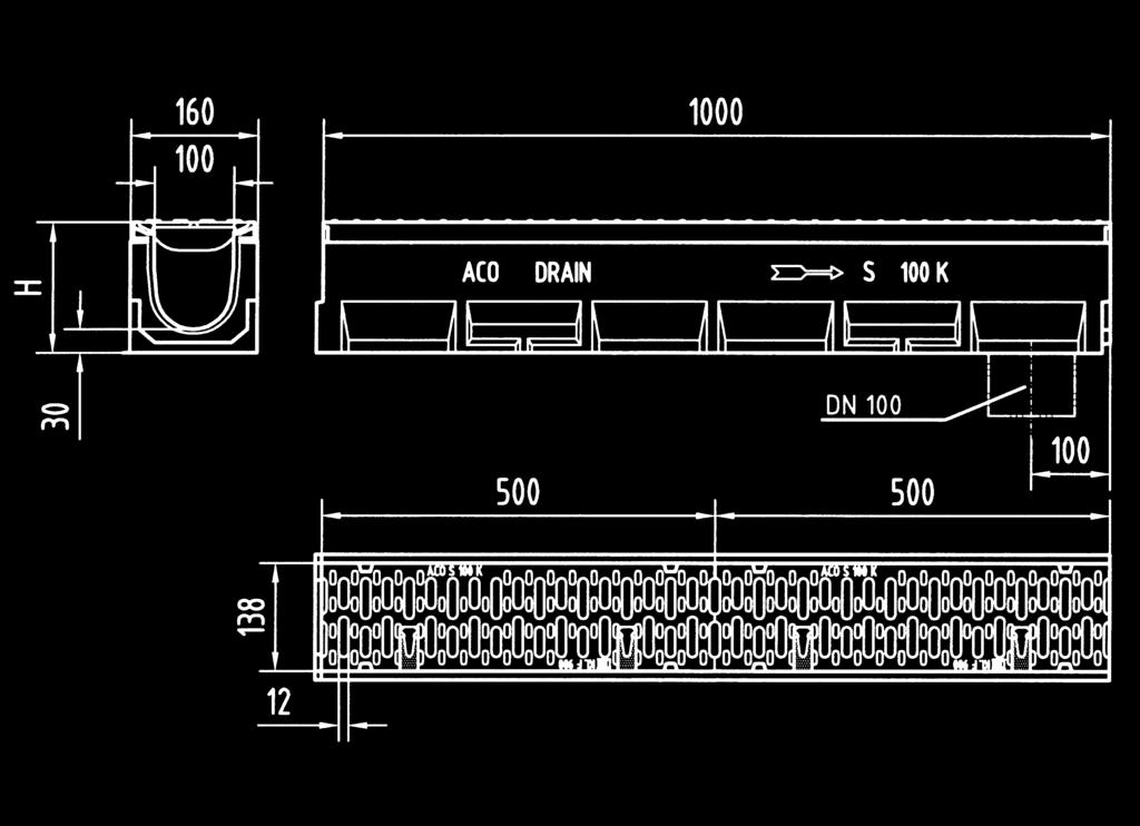 System odwodnienia liniowego S 100 K z zamknięciem zatrzaskowym Powerlock Korytko S 100 K z polimerbetonu, z zamknięciem Powerlock, z bezpieczną fugą ACO DRAIN (SF) po stronie wylotu korytka, ze