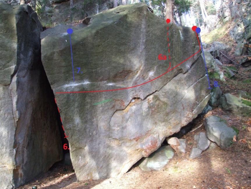 Rozmowy z katem SD, 6C+, konkretny boulder stricte kantem. 6. Trawers SD, 7B, start w szczelinie i dalej trawers ku prawemu kantowi.