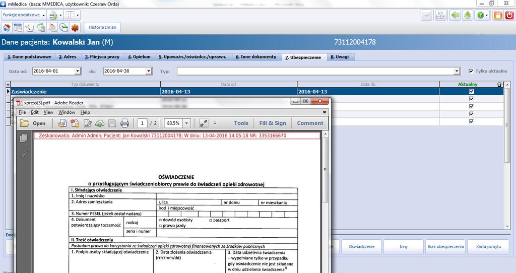 możliwość skanowania do ARCHIWUM możliwość zeskanowania do wystawionych skierowań możliwość doskanowania do tej samej pracy możliwość zmiany parametrów skanowanego dokumentu: duplex, kolor wyjściowy,