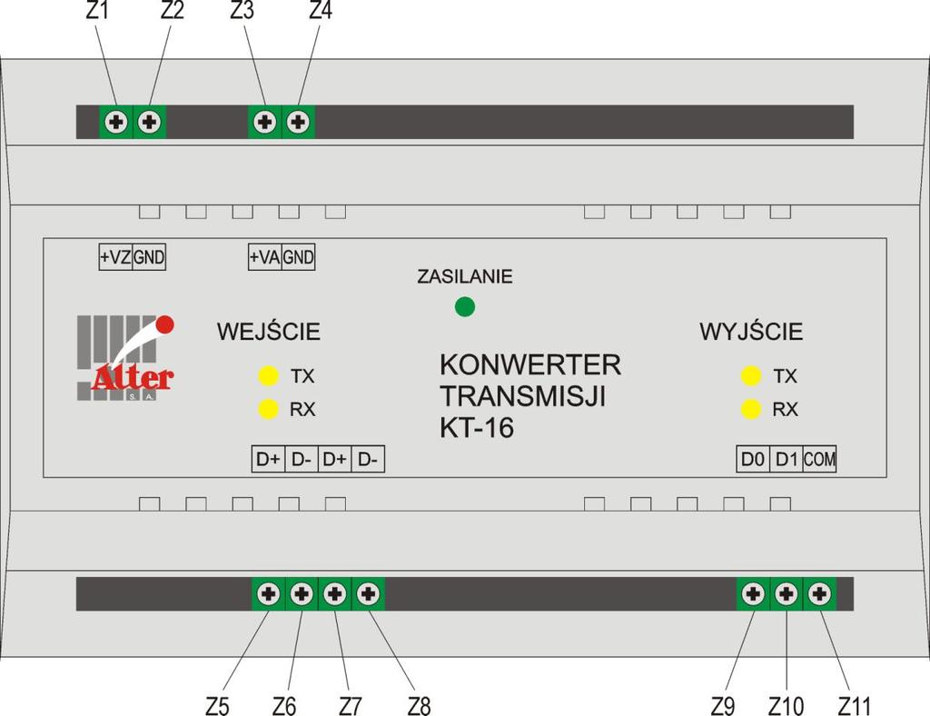 Rys.3. Widok zacisków przyłączeniowych konwertera KT-16 Tabela 3.