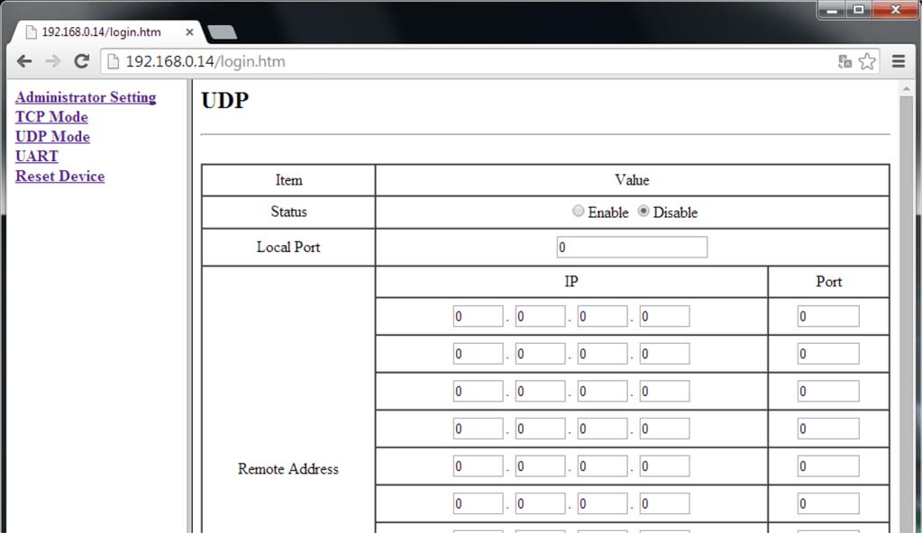 Remote Server IP - bez zmian Client mode - ustawić 0 Server mode - ustawić 0 UDP mode -