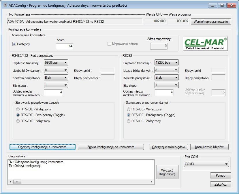 Rys 7. Widok programu ADAConfig 5.3. WYMIANA PROGRAMU UWAGA!!! OPROGRAMOWANIE W WERSJI 0.007 I WYŻSZEJ NIE WSPÓŁPRACUJE Z KONWERTERAMI Z WERSJĄ CPU 1.0. W CELU AKTUALIZACJI OPROGRAMOWANIA DO WERSJI 0.