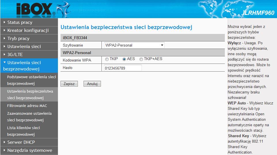 Kliknąć menu Ustawienia sieci bezprzewodowej Ustawienia bezpieczeństwa sieci bezprzewodowej i wybrać WPA2-Personal w trybie zabezpieczenia.