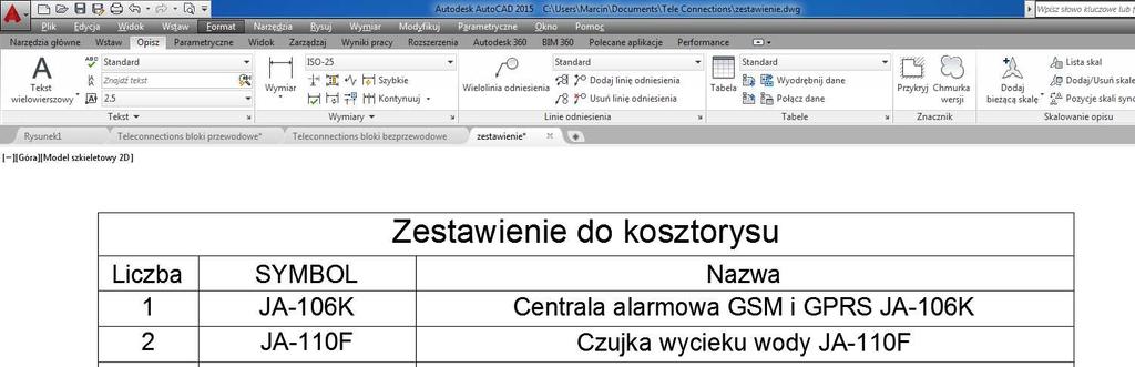 W ten sposób otrzymaliśmy zestawienie niezbędnego sprzętu do wykonania instalacji Został także utworzony plik zewnętrzny w formacie csv umożliwiający import