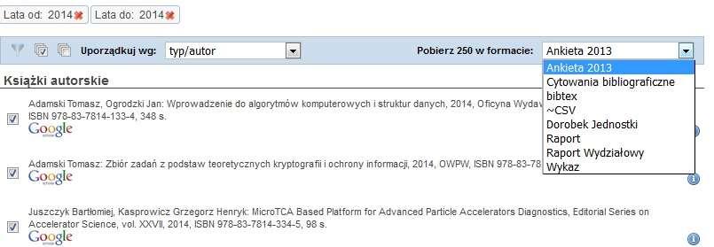 8.2. Wyszukiwanie publikacji instytutu Publikacje jednostki naukowej, np. instytutu można bez problemu uzyskać w trybie wyszukiwania prostego. Należy zaznaczyć wybraną jednostkę w drzewku afiliacji.