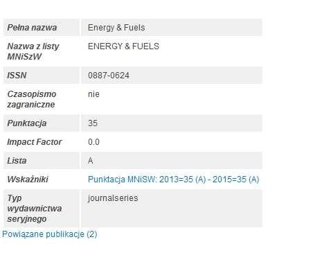 Przykładowy opis wyszukanego czasopisma zawiera m.in. punktacje i linki do powiązanych publikacji. 8.7.