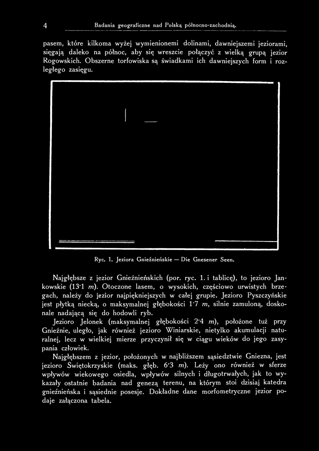 Obszerne torfowiska są świadkami ich dawniejszych form i rozległego zasięgu. Ryc. 1. Jeziora Gnieźnieńskie Die Gnesener Seen. Najgłębsze z jezior Gnieźnieńskich (por. ryc. 1. i tablicę), to jezioro Jankowskie (13'1 m).