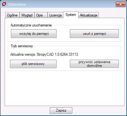 Aby wyświetlić kartę licencja 1. Kliknij kartę SCAD panel Ustawienia Ustawienia 2. Kliknij kartę Licencja w oknie dialogowym Ustawienia Generowanie pliku serwisowego Aby wygenerować plik serwisowy 1.