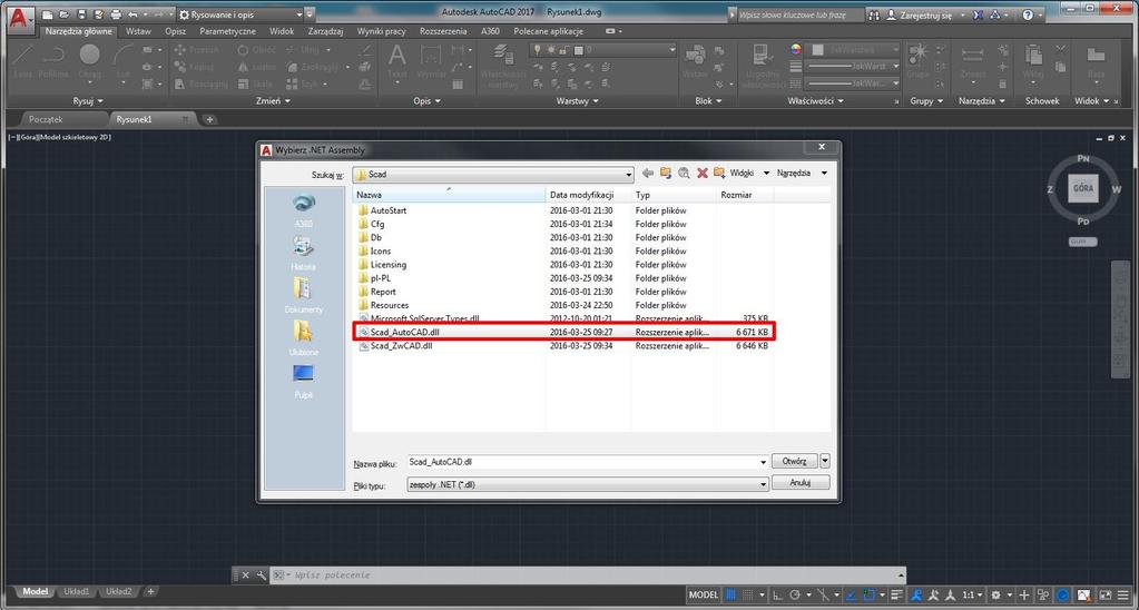 Aby wczytać menu programu (plik dostosowania): Wprowadź polecenie SCAD_instaluj 1.2.2. AutoCAD Aby uruchomić program: Wprowadź polecenie NETLOAD Wczytaj plik programu Scad_AutoCAD.