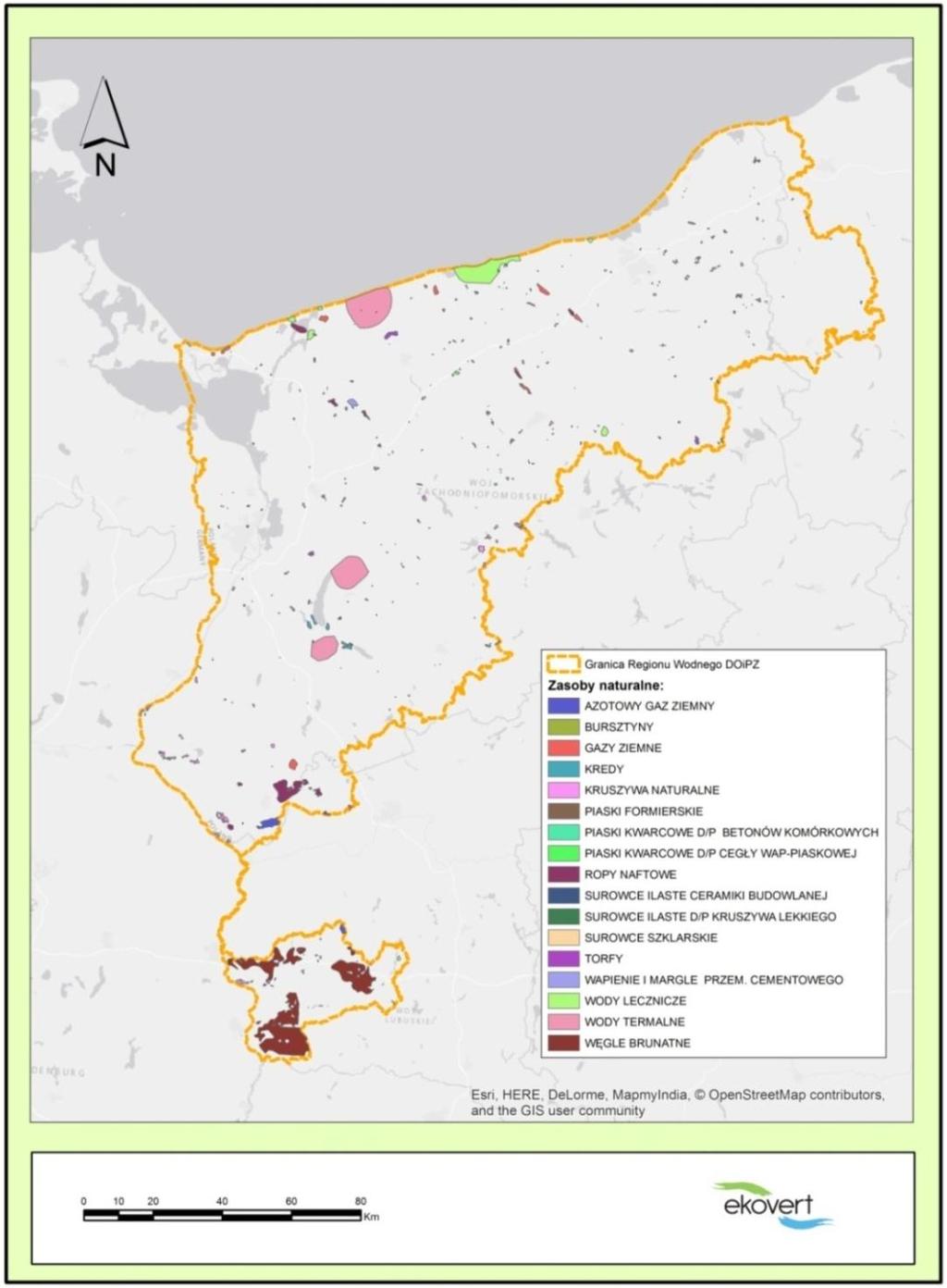 Ryc. 15 Udokumentowane złoża zasobów naturalnych na tle granic RWDOiPZ (źródło: PIG) 4.10.